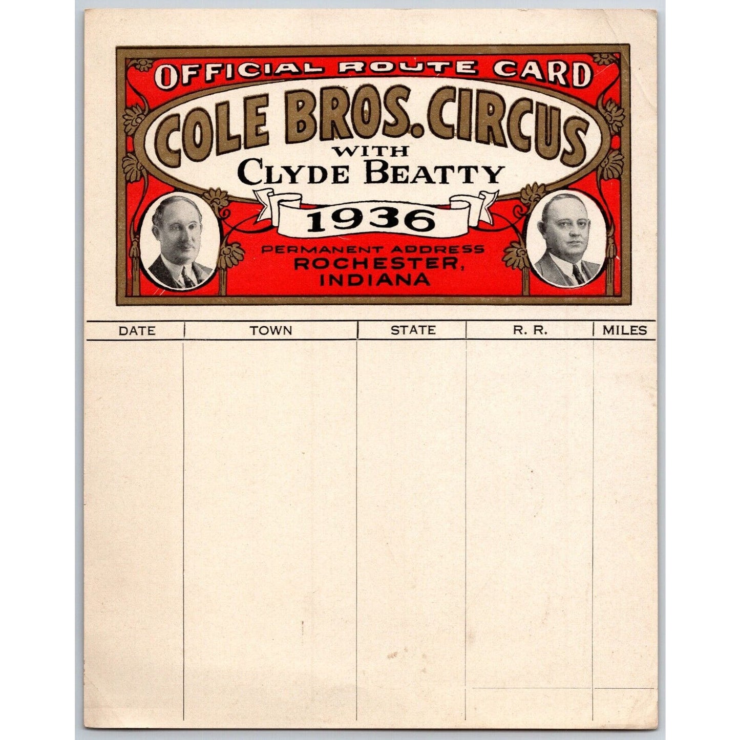 1936 Cole Bros with Clyde Beatty Circus Route Card Blank