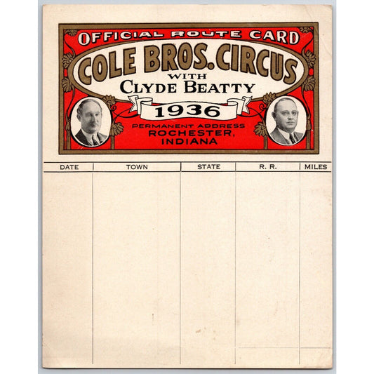 1936 Cole Bros with Clyde Beatty Circus Route Card Blank