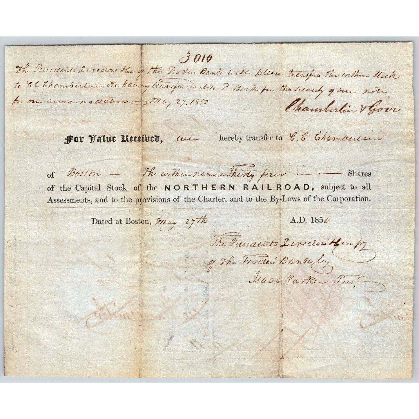 1850 Boston, MA Northern Railroad Stock Certificate No. 7602 for 34 Shares