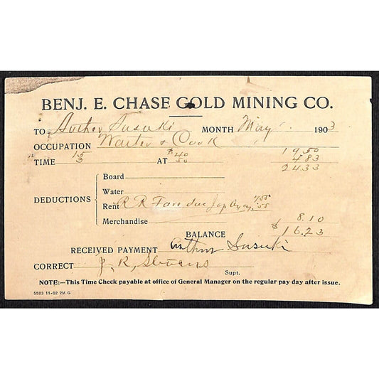 Benjamín E. Chase Golding Mining Co. Waiter & Cook Payment Less Expenses Receipt
