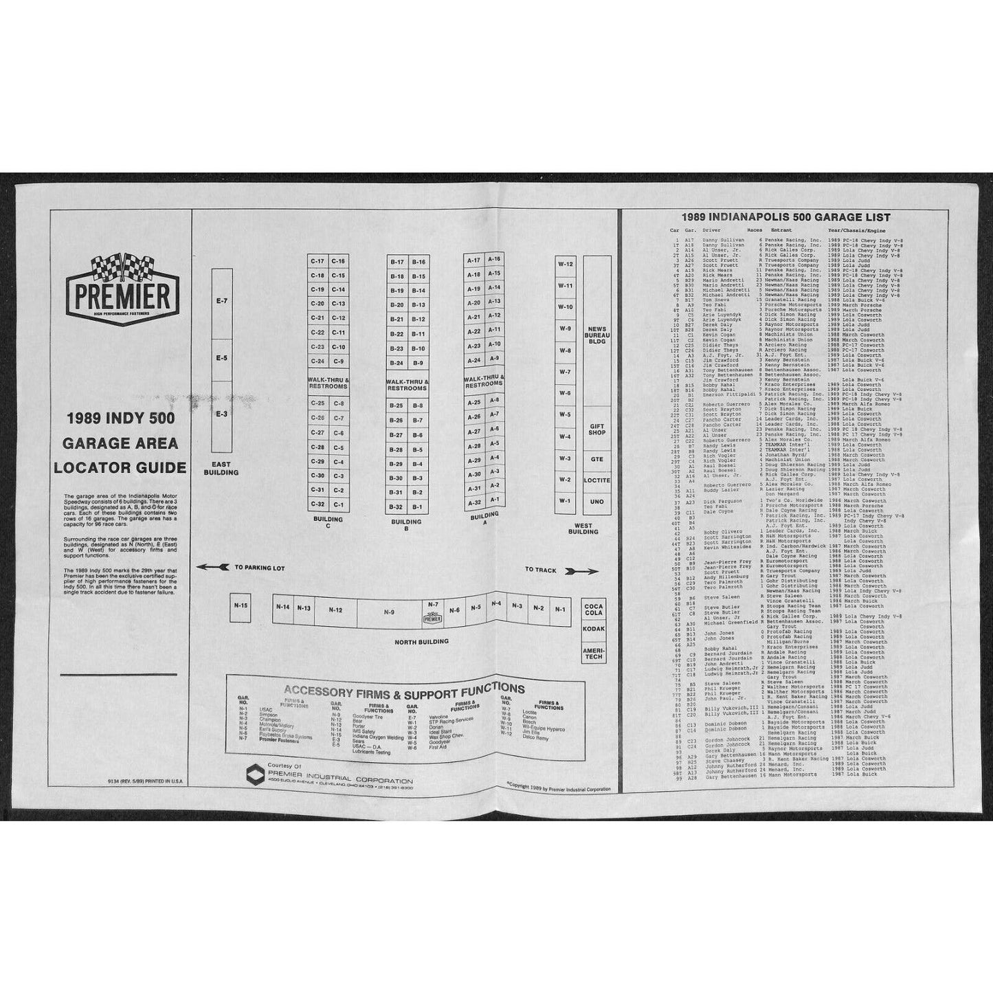 1989 Indy 500 Premier Co. Indianapolis Motor Speedway Garage Area Guide Sheet