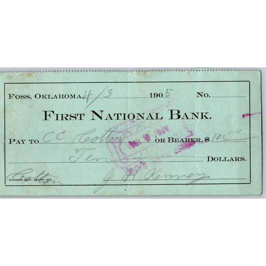Foss Territorial Oklahoma 1905 First National Bank Check Very Scarce