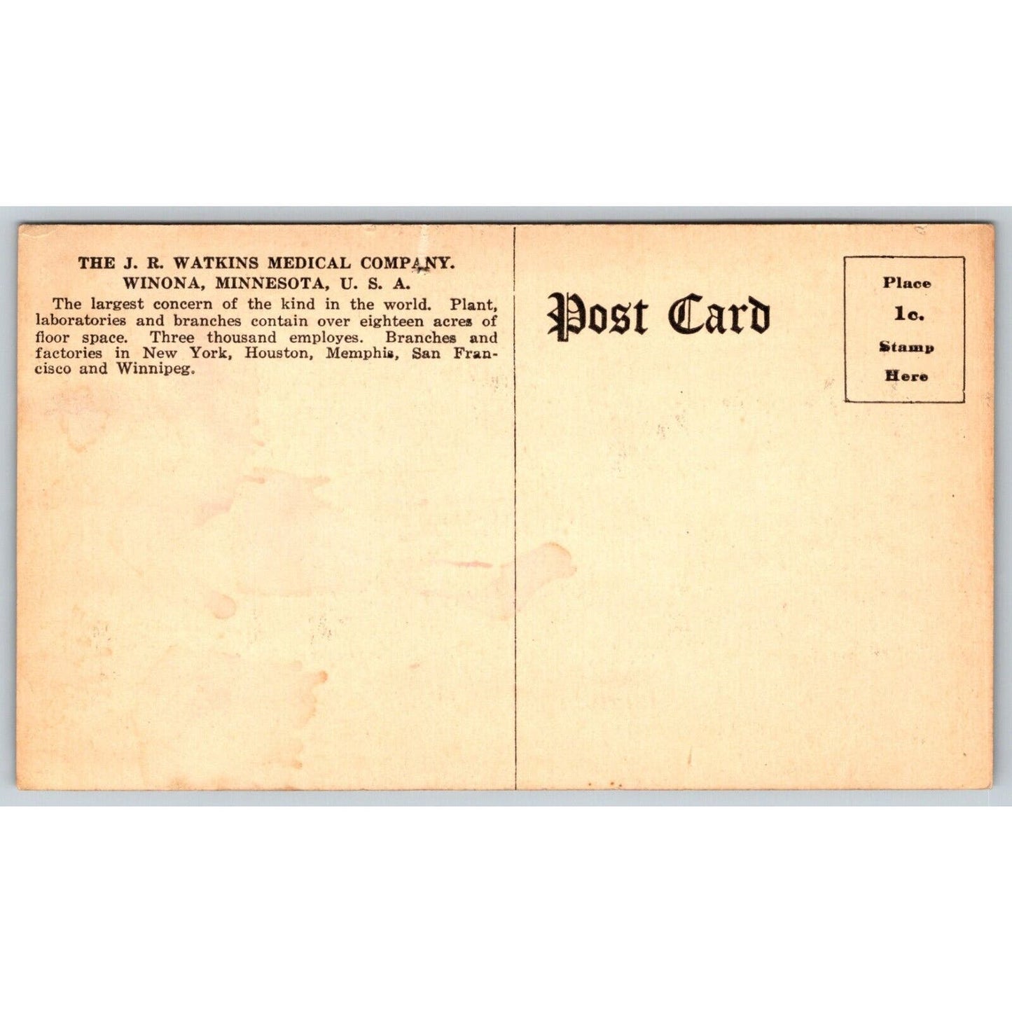 J.R. Watkins Medical Building Winona Minnesota Advertising Postcard c1910-15 VGC