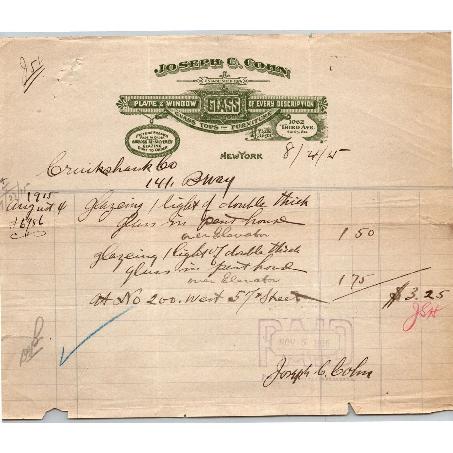 1915 "Joseph & Cohn" Plate Window Frame Glass Billhead Letterhead Third Ave NYC