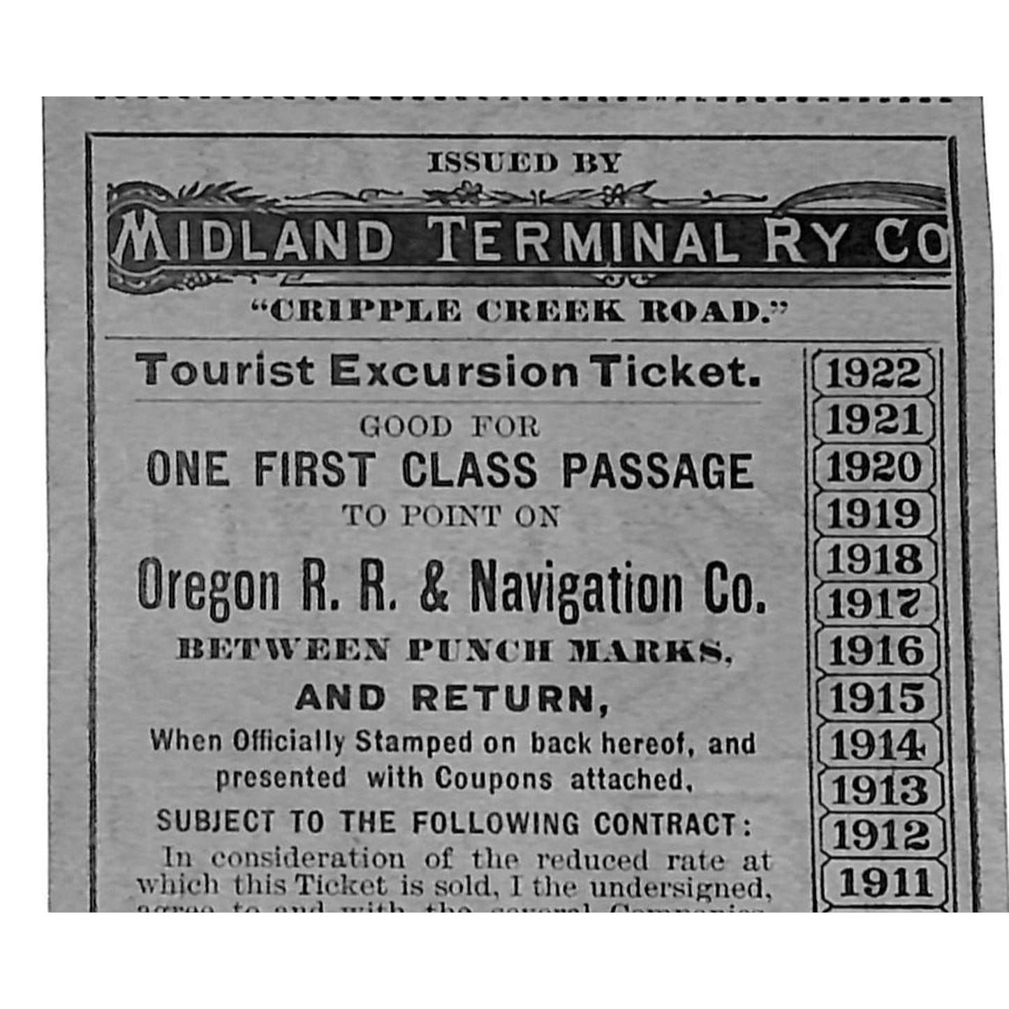 1905 Midland Terminal RY Co. "Cripple Creek" Oregon RR & Navigation Ticket 27"L