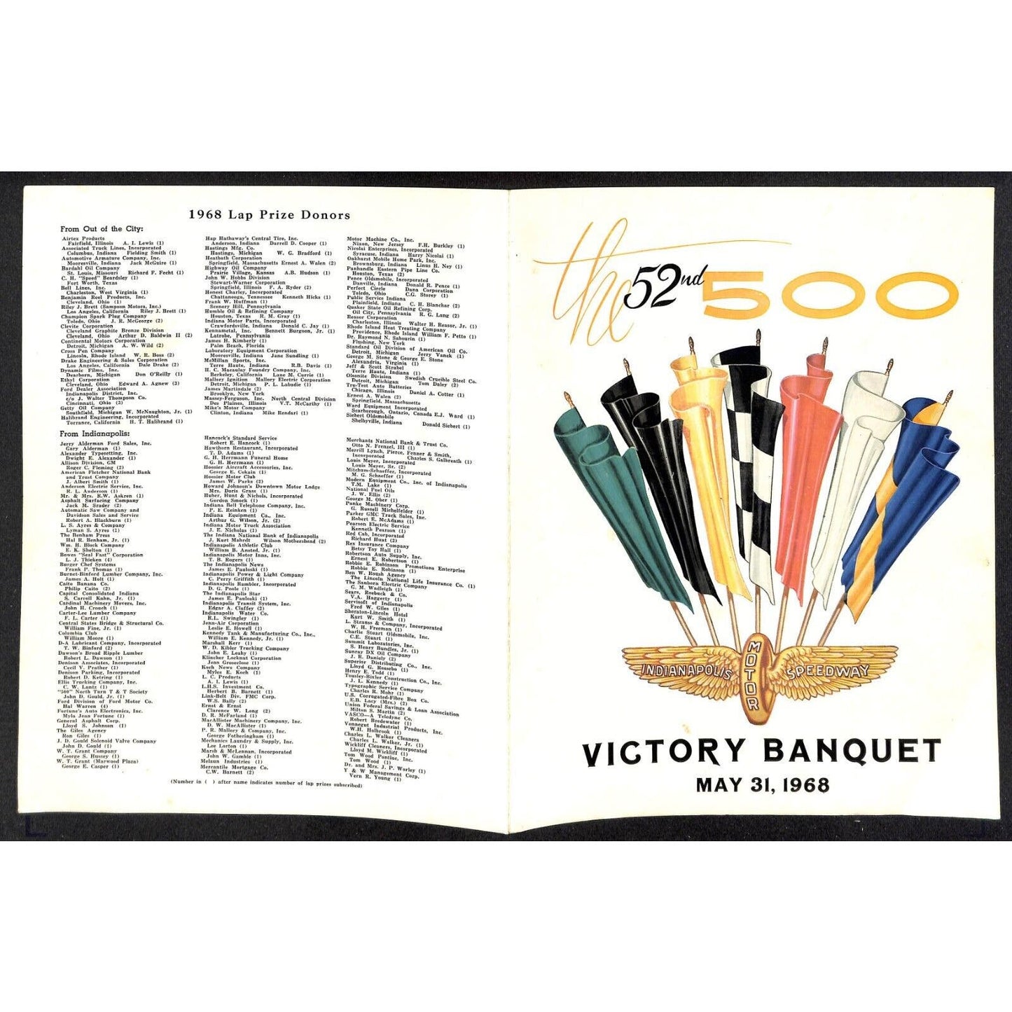 1968 Indy 500 Indianapolis Motor Speedway Victory Banquet Program - Cover Only