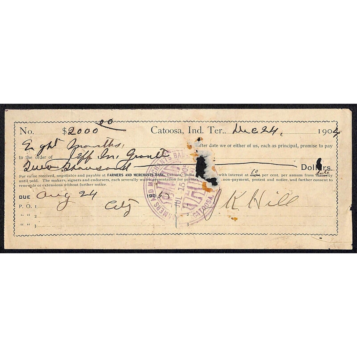Catoosa, OK 1904 Territorial $2000 8mo. 10% Promissory Note - Scarce