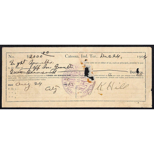 Catoosa, OK 1904 Territorial $2000 8mo. 10% Promissory Note - Scarce
