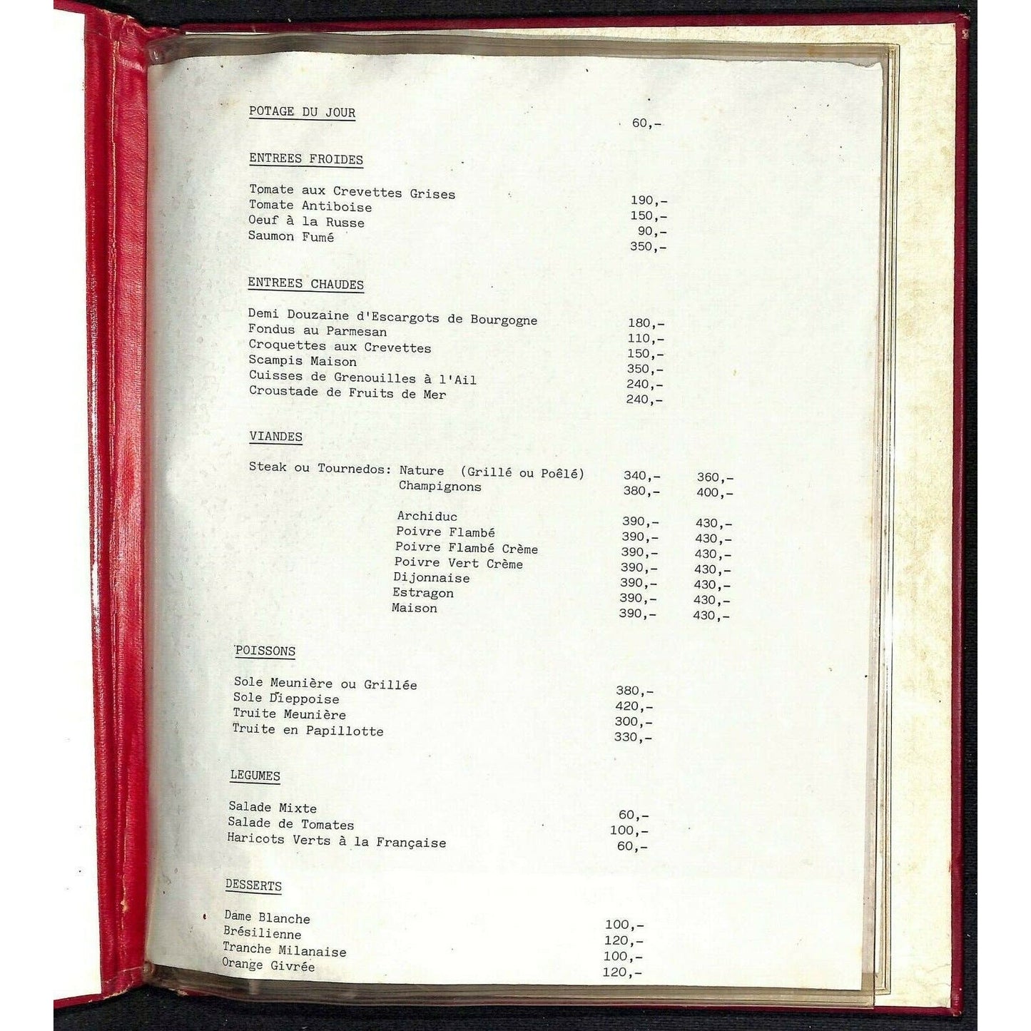 c1970's Park Hotel Bruxelles Menu w/ Big Thick Padded Folder / Cover