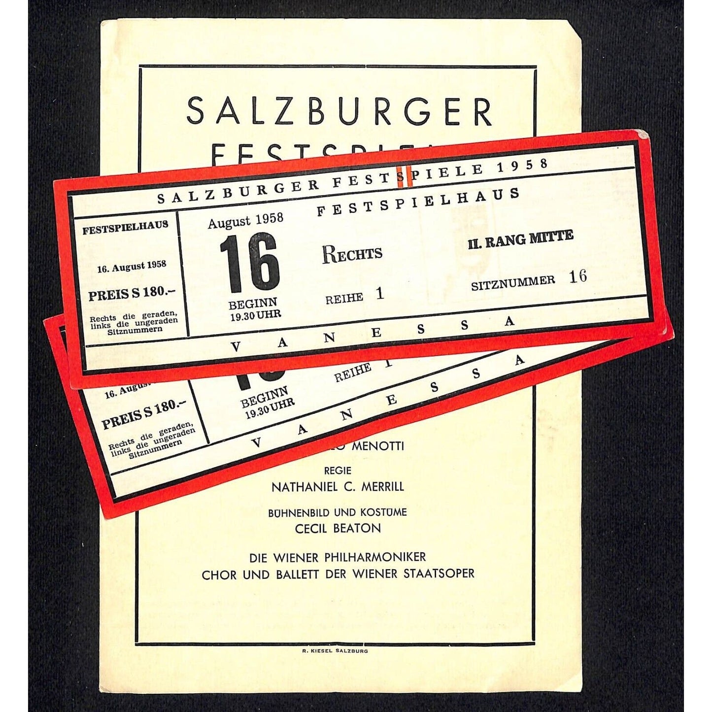 Salzburger Festspiele 1958 Program Samuel Barber Vanessa w/ 2 Tickets - Scarce