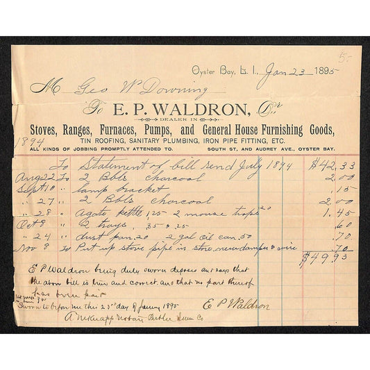 1895 Oyster Bay, Long Island Letterhead E.P Waldron Stoves Ranges Furnaces