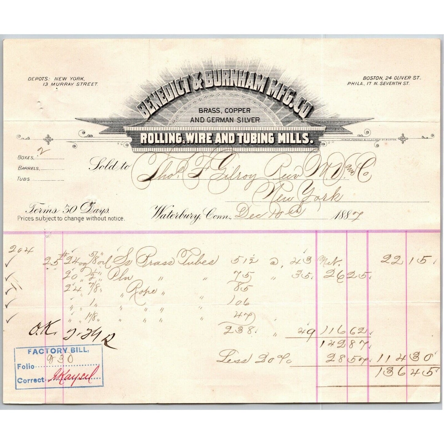 1887 "Benedict & Burnham Mfg. Co" Wire Billhead Letterhead Waterbury - CONN