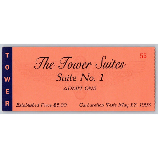 1993 Indy 500 Tower Suites Carburetion Tests Day Ticket Stub Indianapolis #55