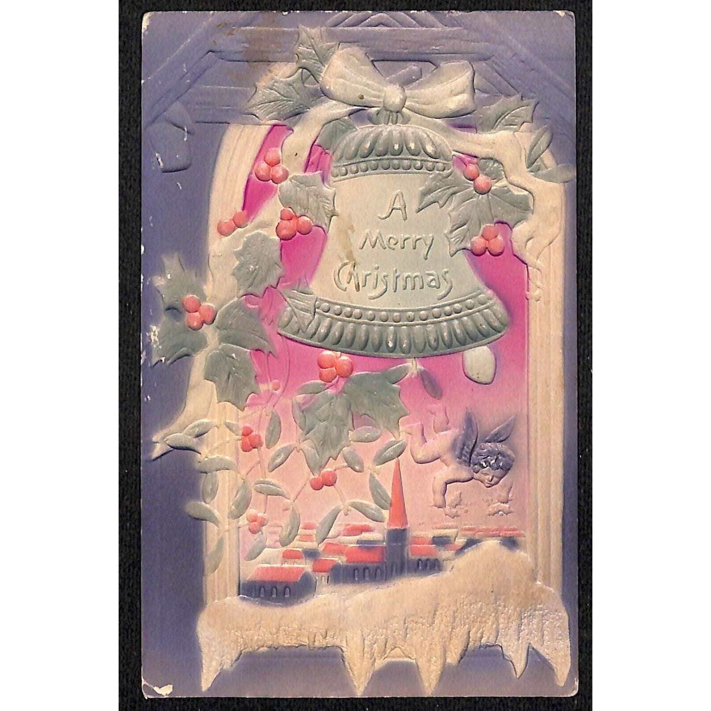 Christmas Postcard "A Merry Christmas" Snow Holly Window Strong - Emboss c1910
