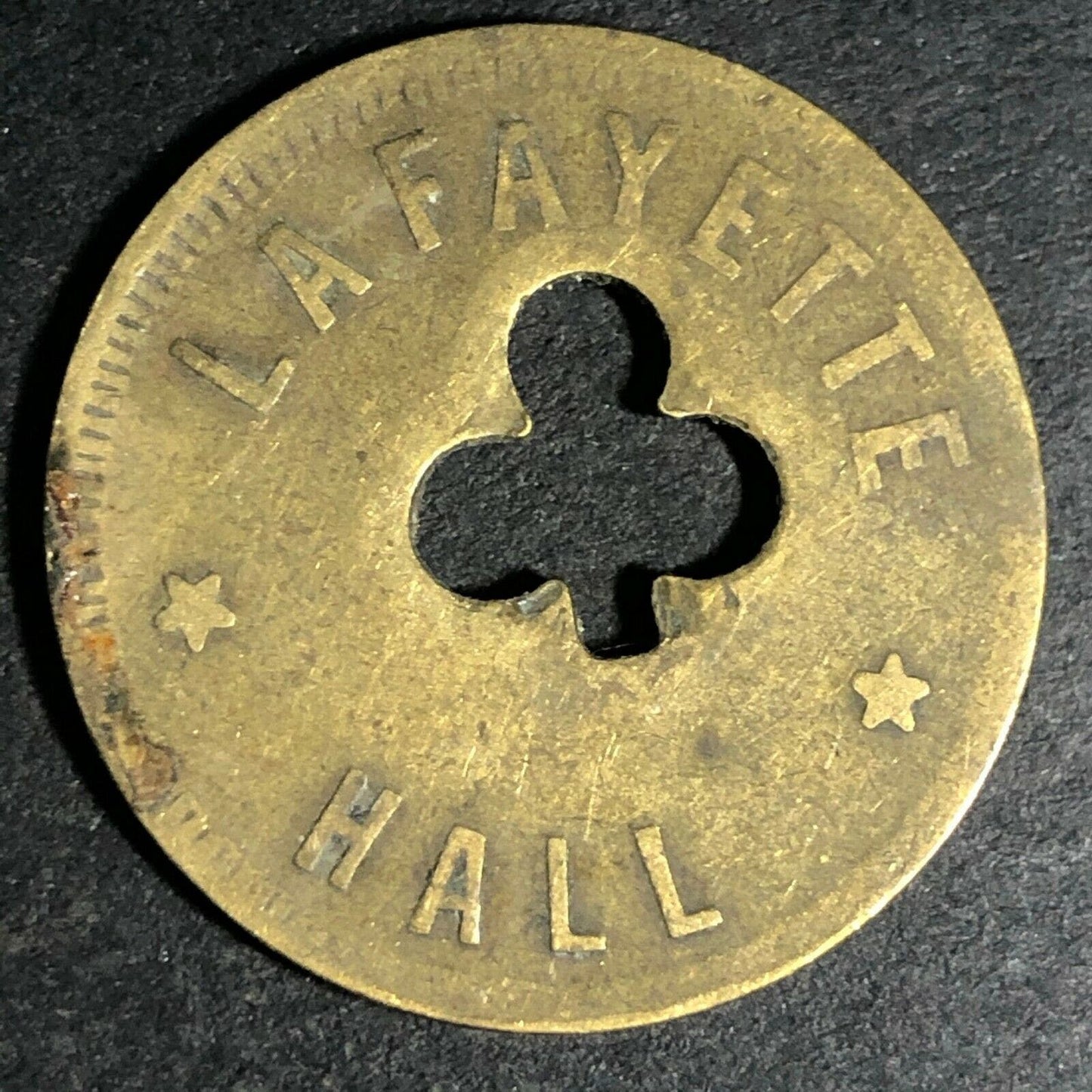 24.5mm Brass Lafayette Hall (Saloon Sacramento, CA) Token Clover Shamrock (#32)