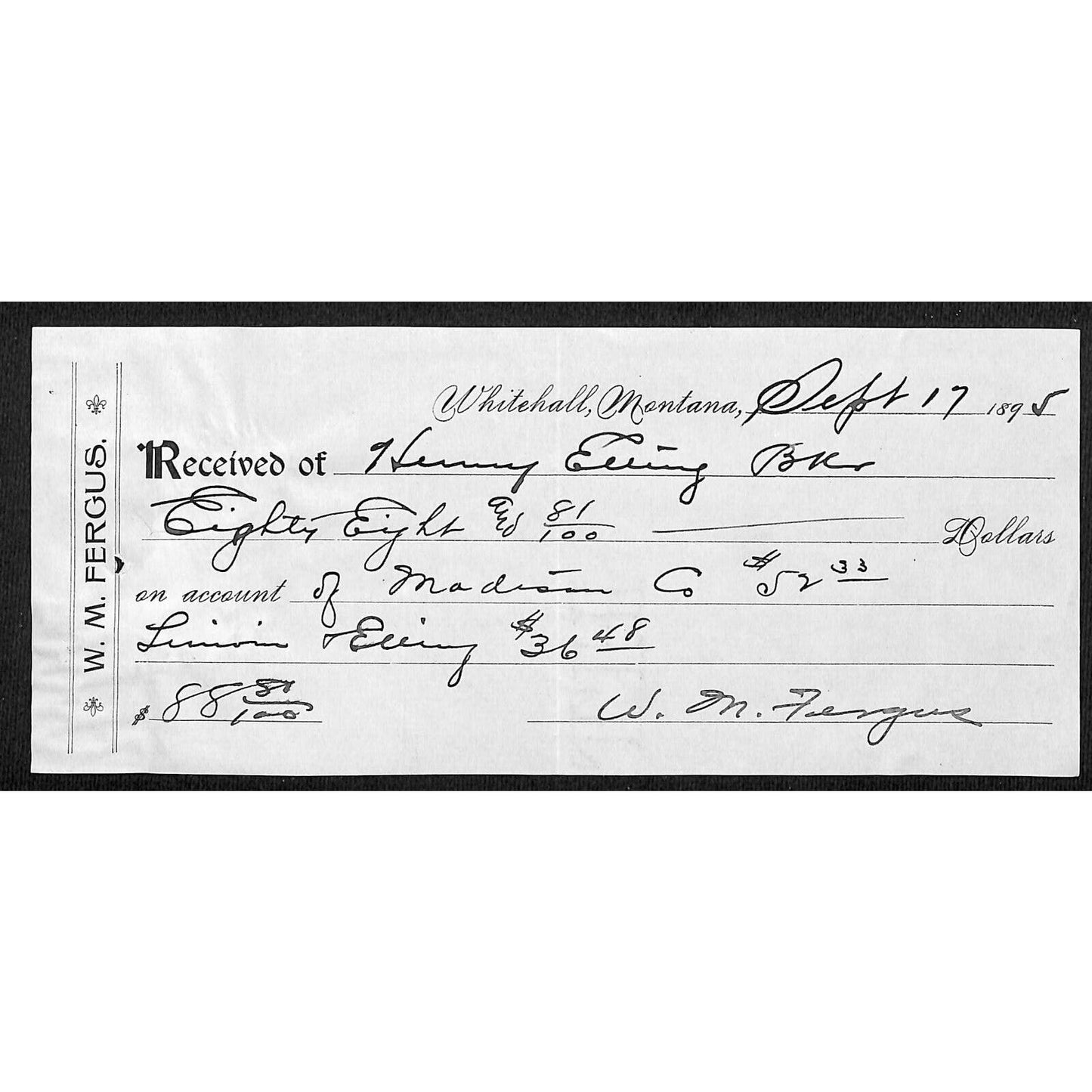 Whitehall Montana 1885 Henry Elling / W.M. Fergus (General Merchandise) Receipt