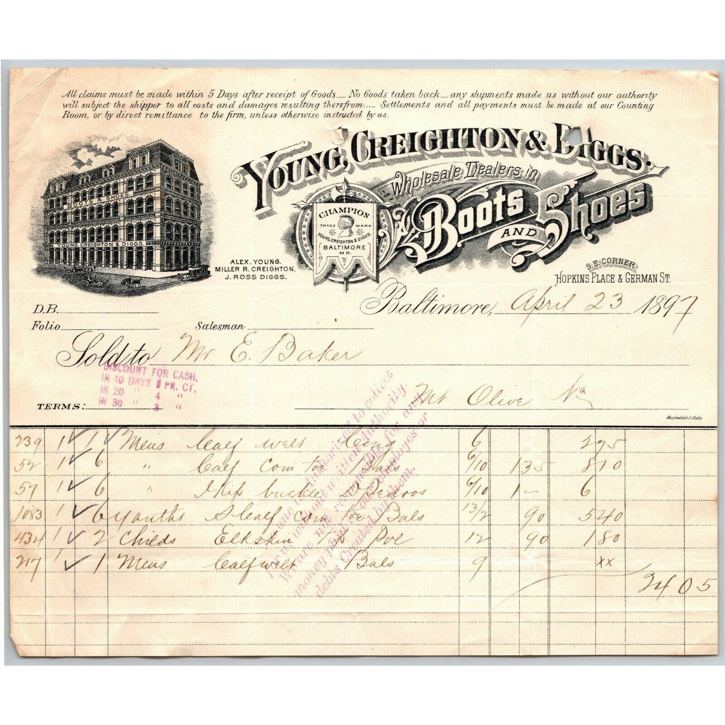 1896 Letterhead Young, Creighton & Diggs Boots Shoes Baltimore - Ephraim Baker*