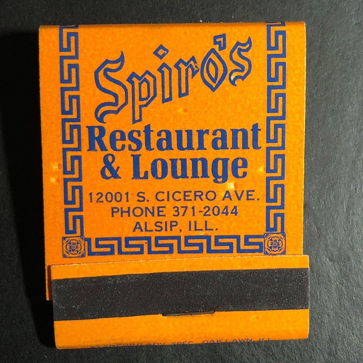 Spiro's Restaurant Lounge Alsip, IL Full Matchbook c1968-73 Scarce