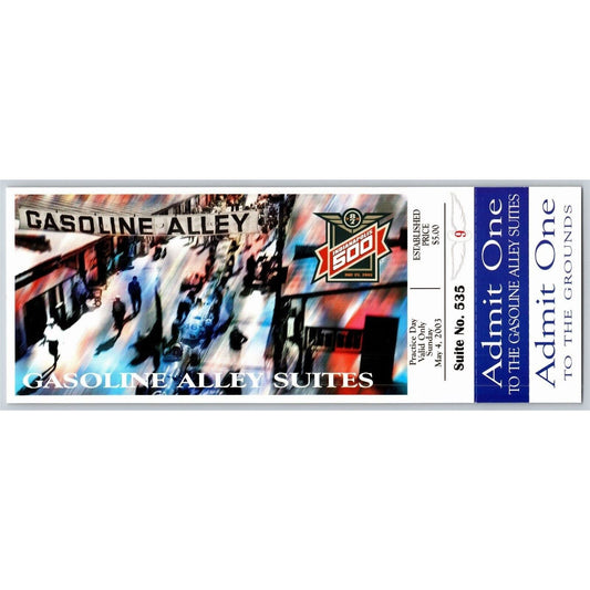 2003 Indy 500 Wed 5/4 Practice Day Gasoline Alley Suites Unused Ticket IMS #9