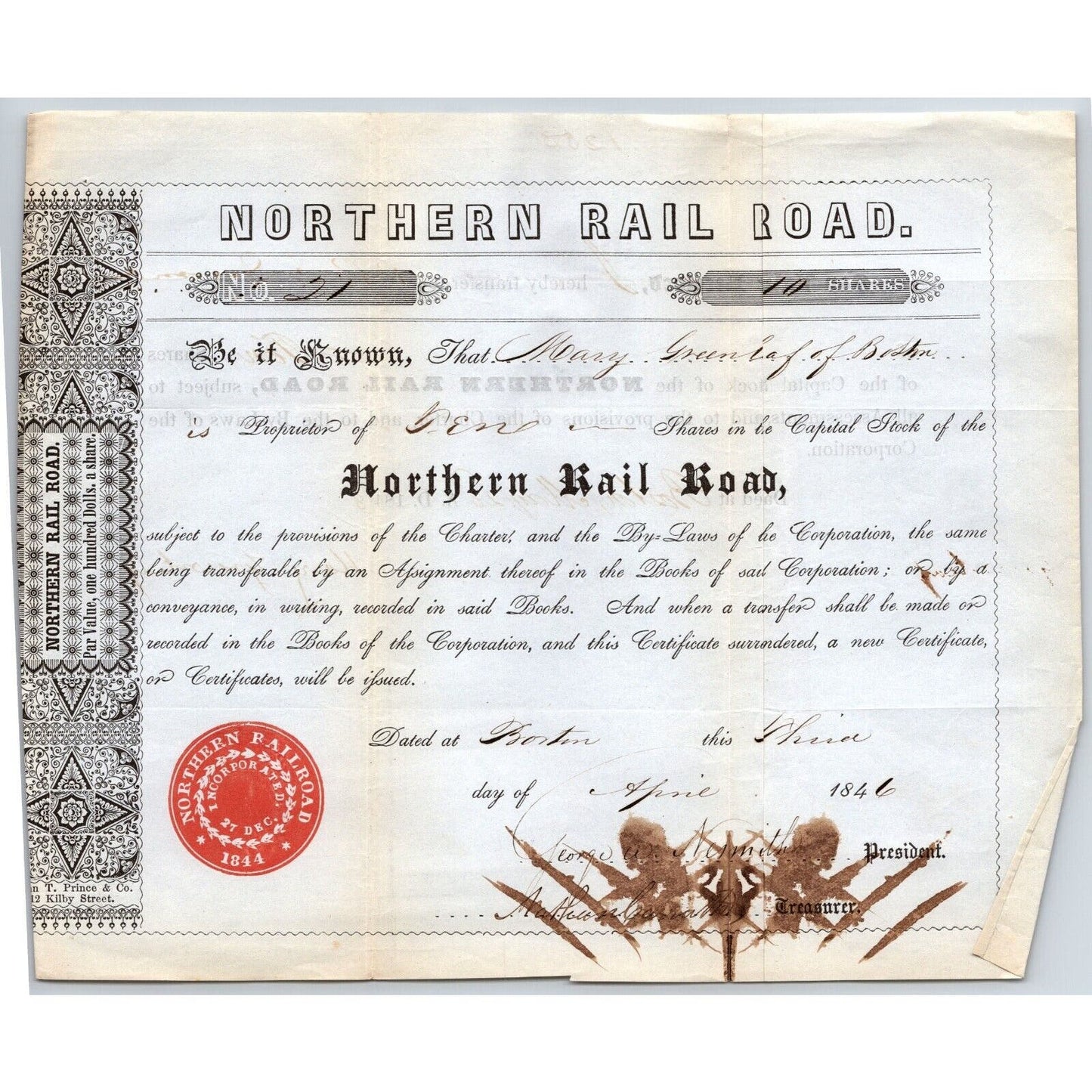 1846 Boston, MA Northern Railroad Stock Certificate LOW No. 21 for 10 Shares