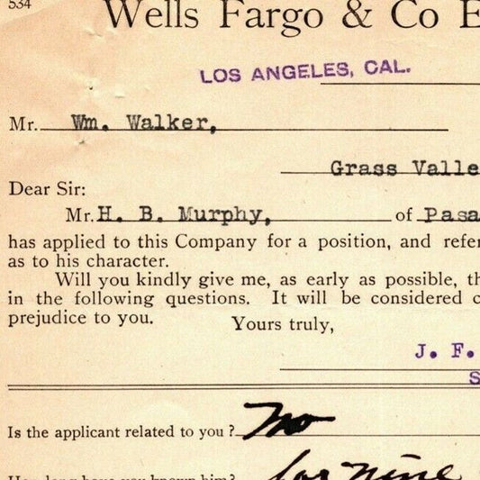 1913 Wells Fargo Express Employment Reference / Testimony LA / Pasadena