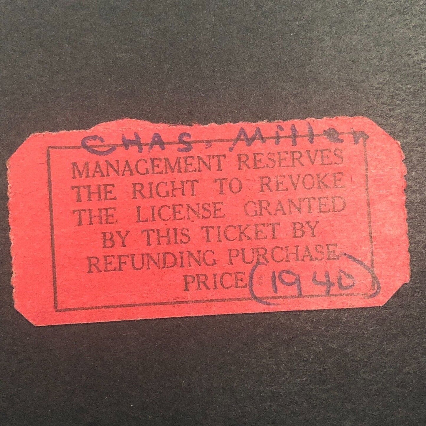 National Speedway 1948 Auto Racing Rain Check Ticket Chas. Miller #040656
