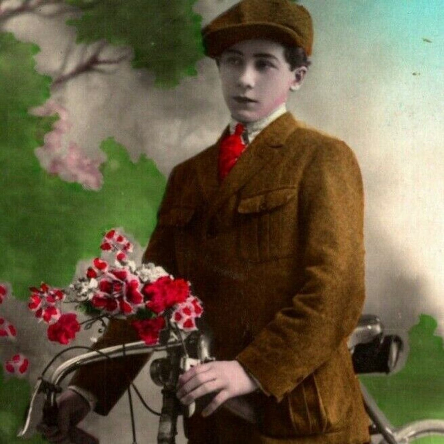 Vintage French Postcard c1919 Young Man w/ Flowers Stands w/ Bicycle Latvia PM