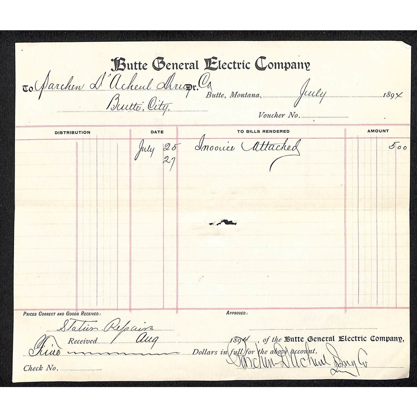 Butte, MT General Electric Power Company 1894 Billhead Parchen & D'Arclieul Drug