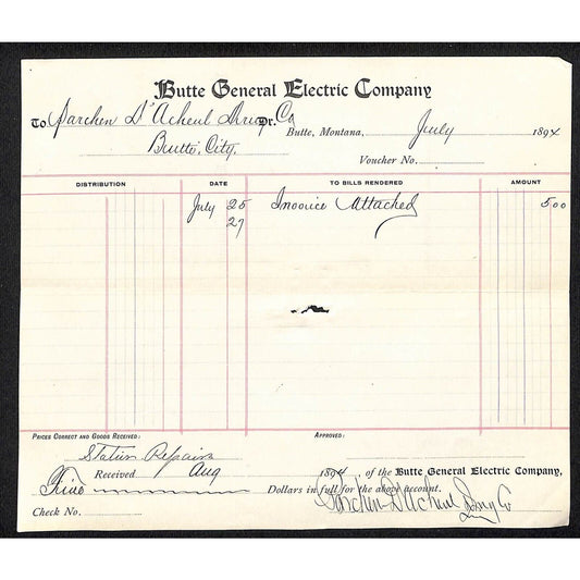 Butte, MT General Electric Power Company 1894 Billhead Parchen & D'Arclieul Drug