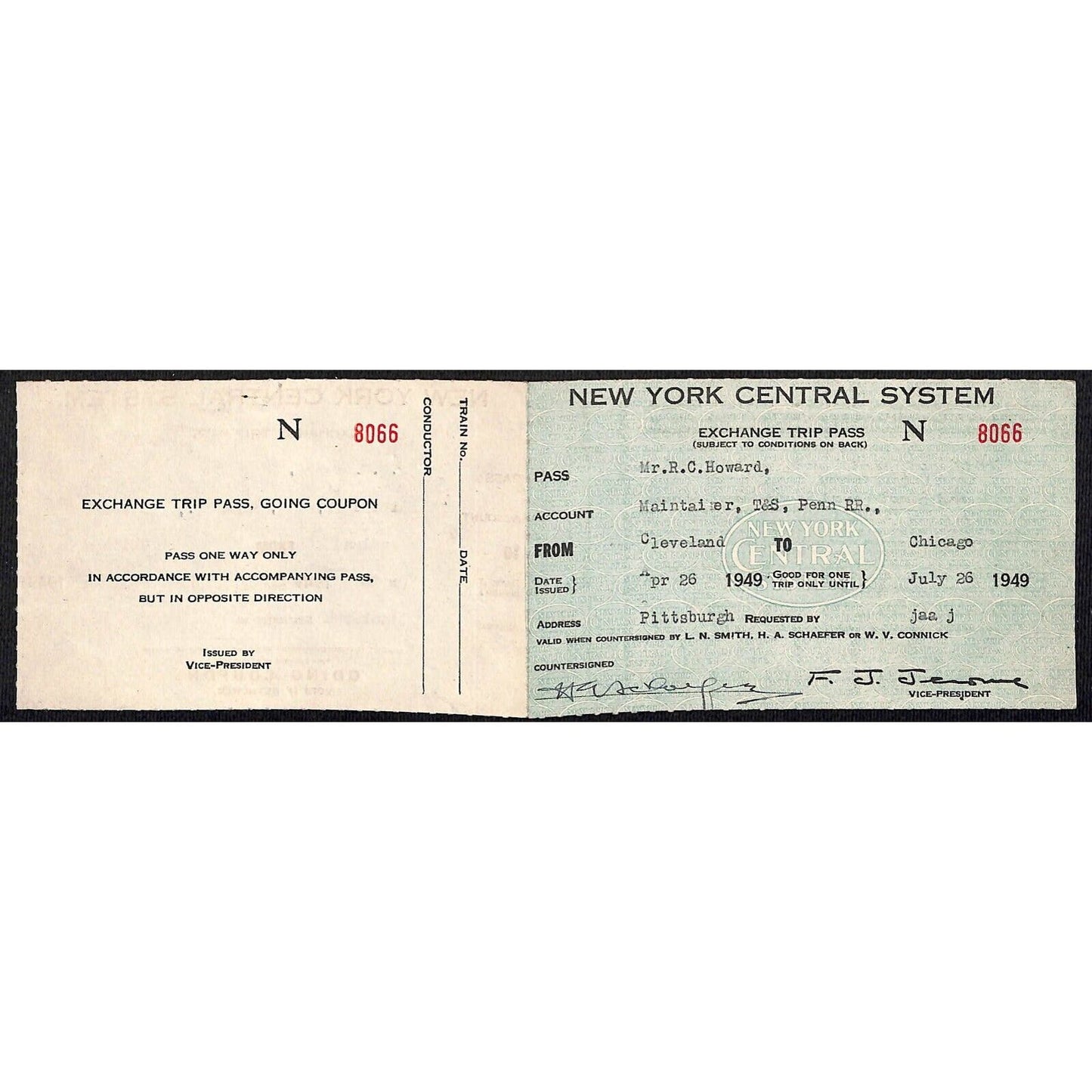 1949 New York Central System Railroad Exchange Trip Pass / Ticket Cleveland