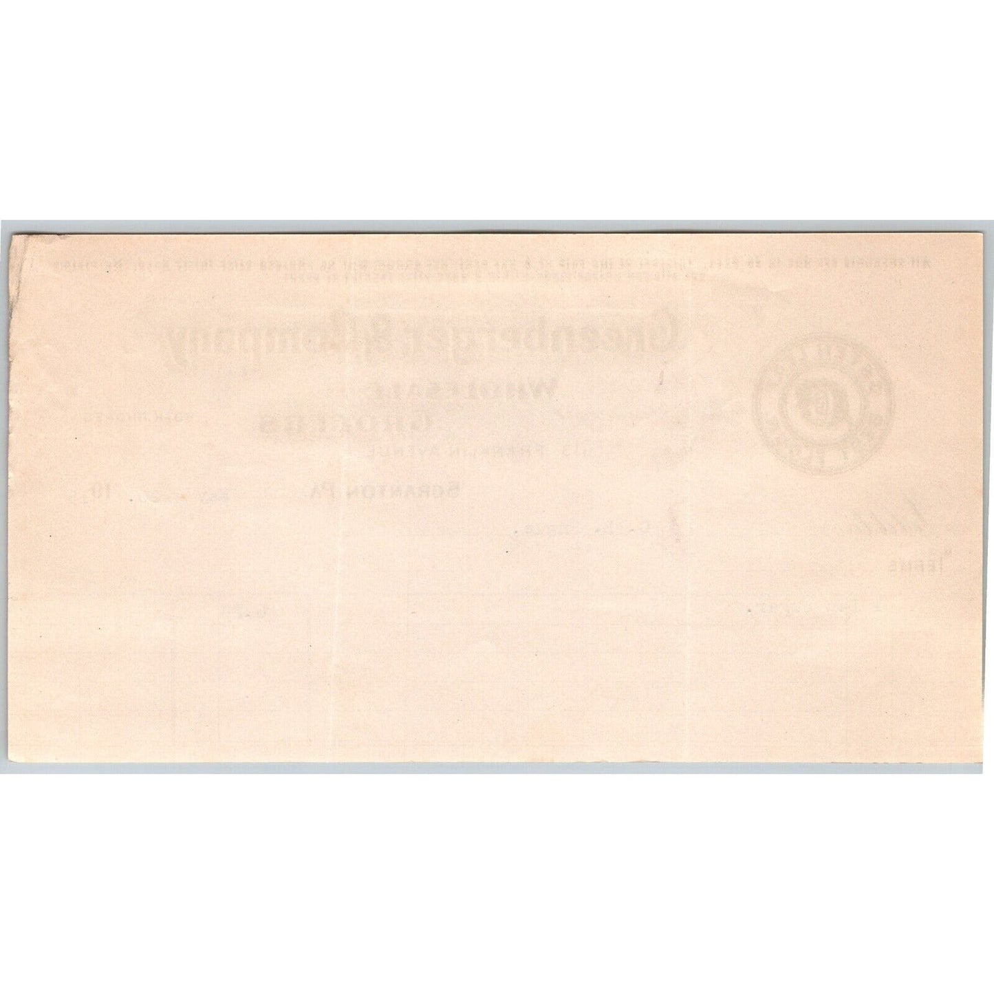 Scranton PA Greenberger & Co. Grocers 1915 "C.B. Engel" Billhead Bag Sugar