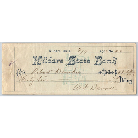 Kildare, Oklahoma Territorial 1904 "Kildare State Bank" Check Robert Bunker