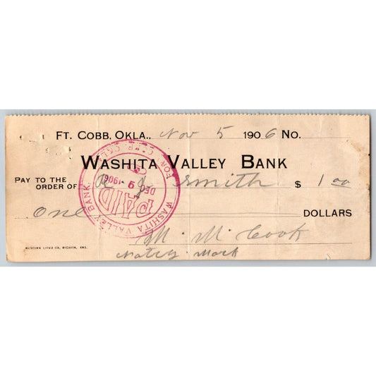 Fort Cobb Territorial Oklahoma 1906 Washita Valley Bank Check Scarce