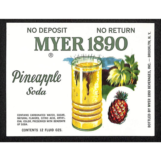 Myer 1890 Pineapple Soda Brooklyn Paper Soda Label c1960 Scarce VGC