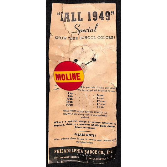 1949 Moline School / Football Pinbacks on Catalog Salesman's Sample Card