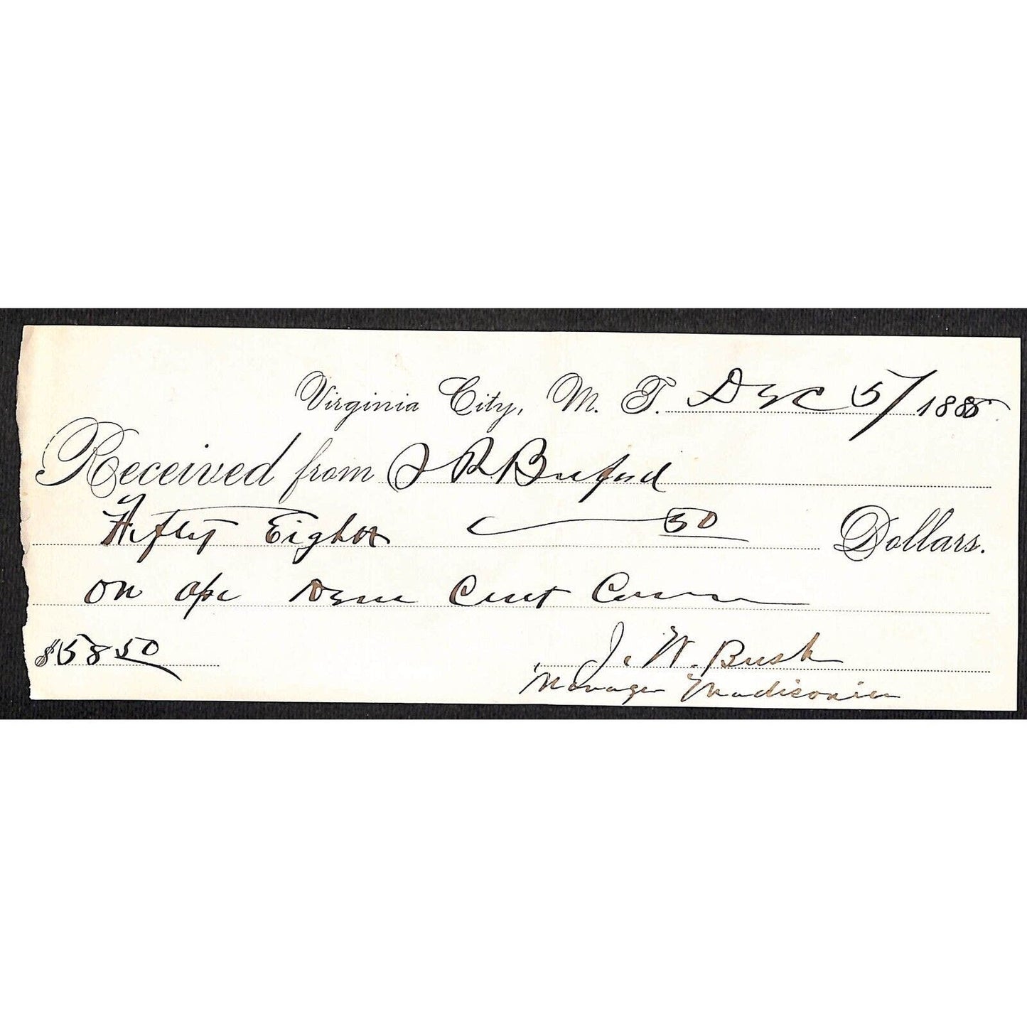 Virginia City Montana S.R. Buford / 1888 $58. Receipt