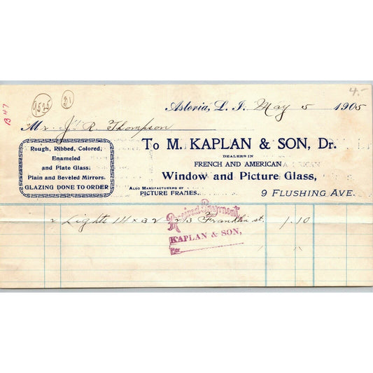 Astoria, LI, NY c1905 Letterhead M. Kaplan & Son Window and Picture Glass