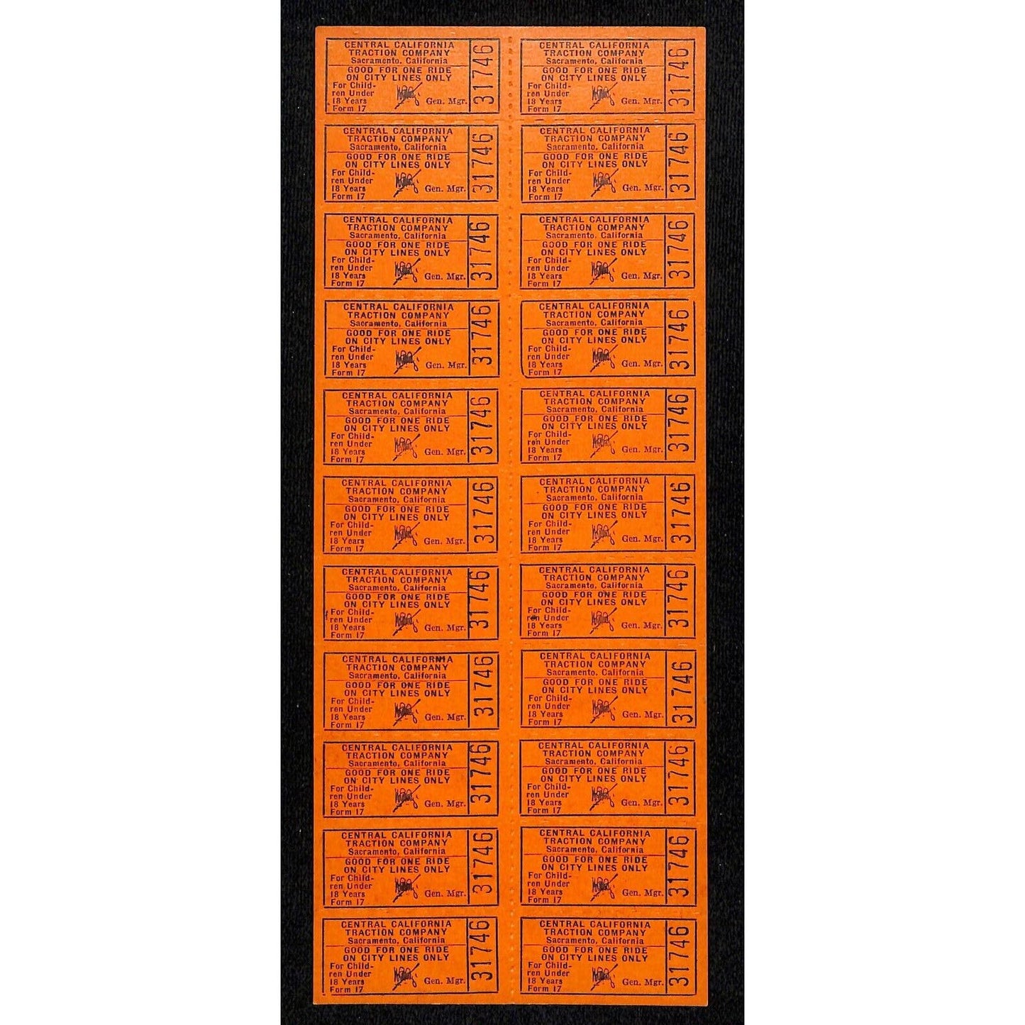 Central California Traction Co (1907-33) Uncut #31746 22-Ticket Sheet VGC