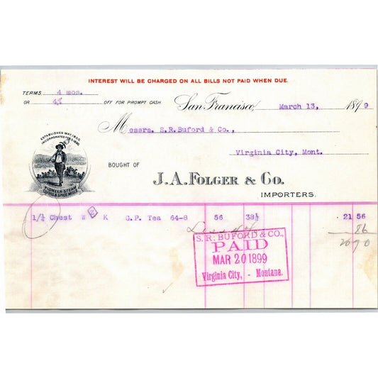 1899 J.A. Folger (Coffee Tea Spices) Letterhead - S.R. Buford Virginia City, MT
