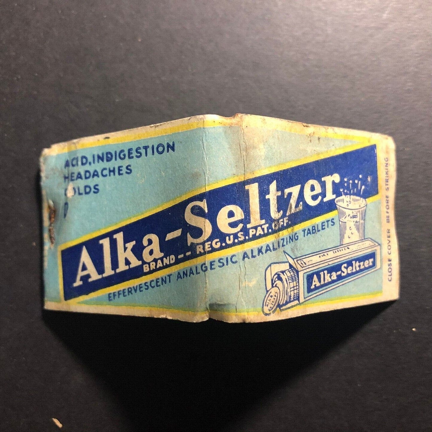 Alka-Seltzer Tablets Matchbook c1940's-50's Full 20-Strike Damage