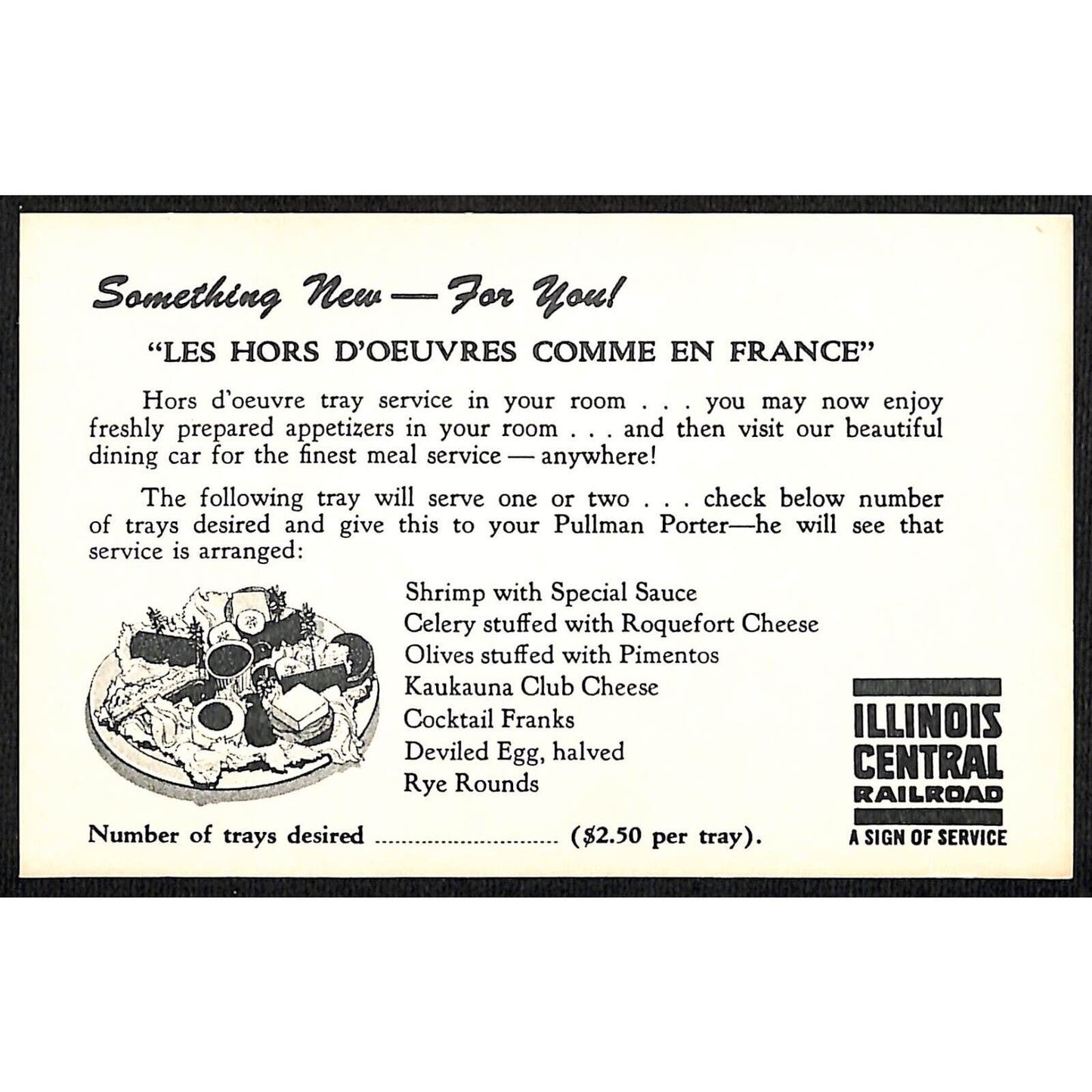 Illinois Central Railroad Pullman Car "..Hors D'oeuvres Comme En France" Card