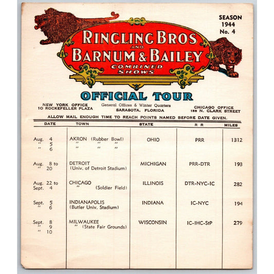 1944 Ringling Bros Barnum & Bailey Circus Route Card Akron Detroit Chicago
