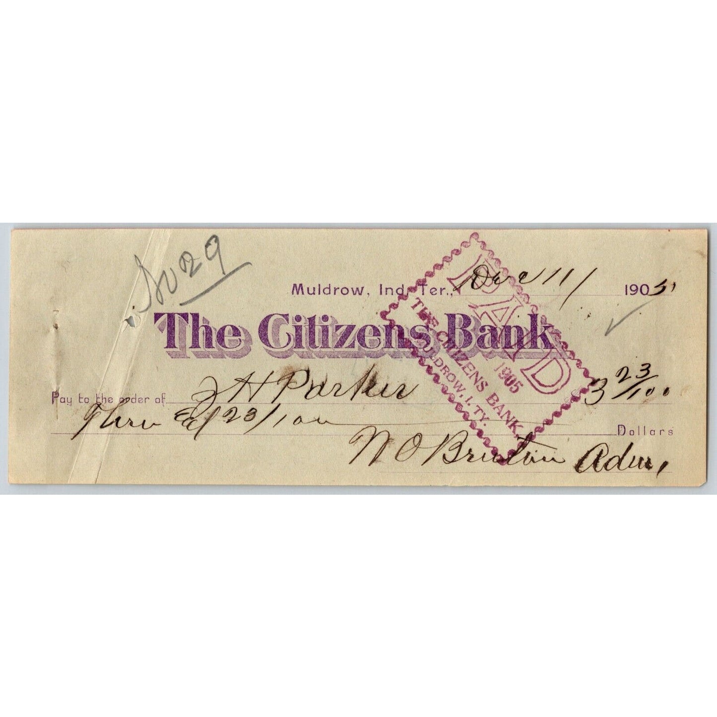 Muldrow, OK 1905 Indian Territory "Citizens Bank" Check - Scarce