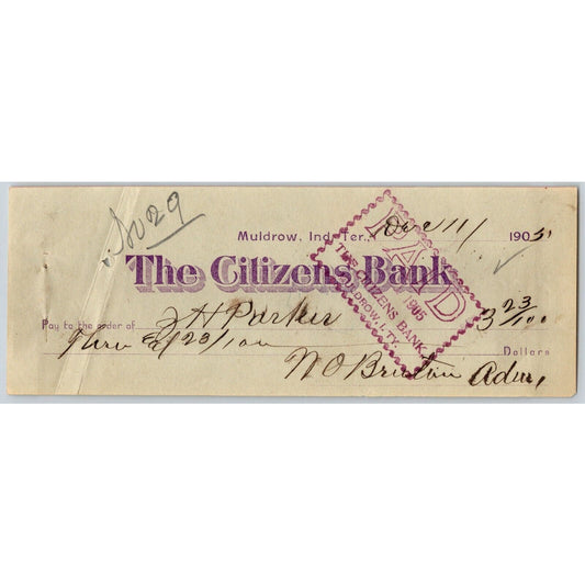 Muldrow, OK 1905 Indian Territory "Citizens Bank" Check - Scarce