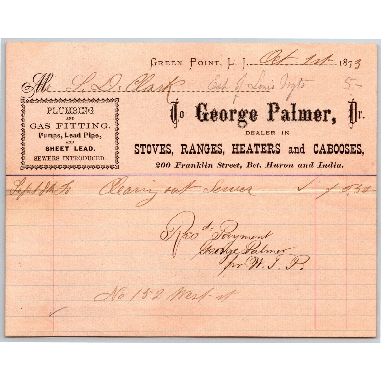 Green Point, L.I. NY Billhead Letterhead 1873 George Palmer Stoves Ranges Dealer