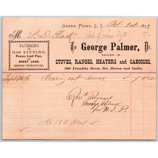 Green Point, L.I. NY Billhead Letterhead 1873 George Palmer Stoves Ranges Dealer