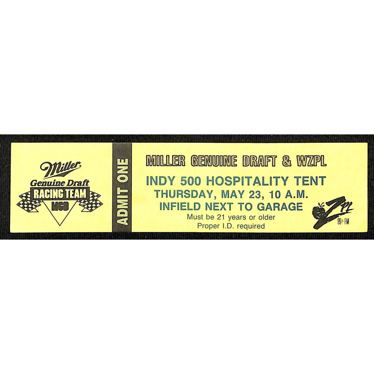 Miller Genuine Draft Racing Team INDY 500 Hospitality Tent Ticket / Pass c1990's
