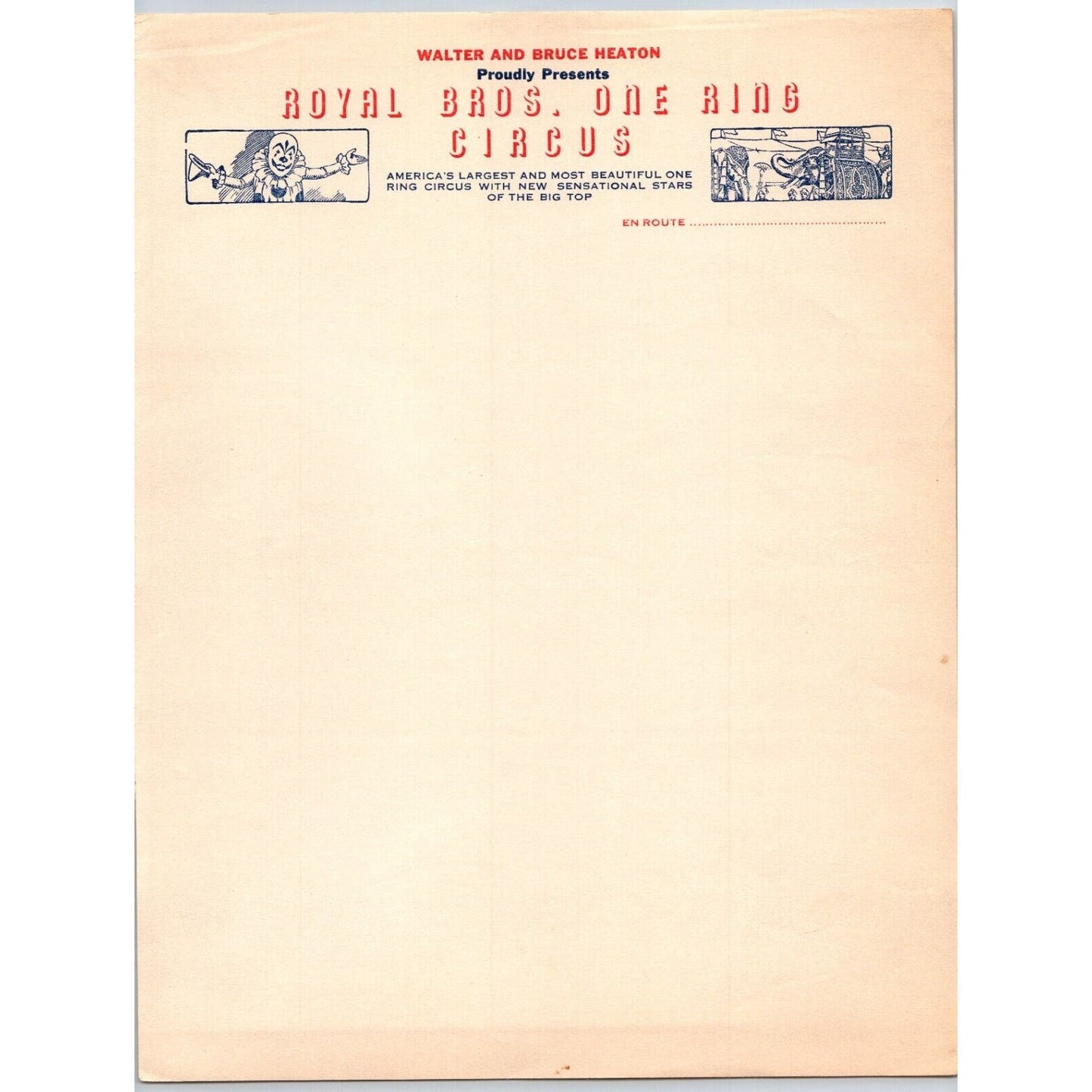 Royal Bros. One Ring Circus Letterhead c1948 "Walter and Bruce Heaton" Scarce