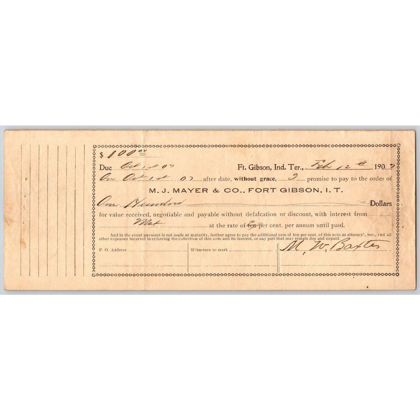 Fort Gibson Indian Territory Oklahoma M.J Mayer & Co Promissory Note 1907 Scarce