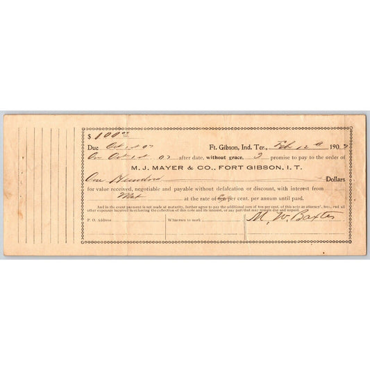 Fort Gibson Indian Territory Oklahoma M.J Mayer & Co Promissory Note 1907 Scarce